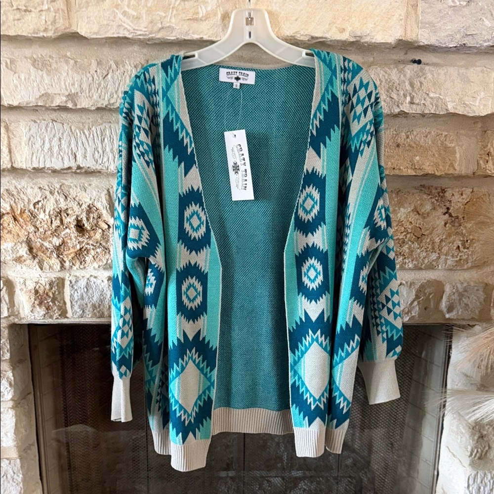 Crazy Train Teal and Beige Geometric Cardigan